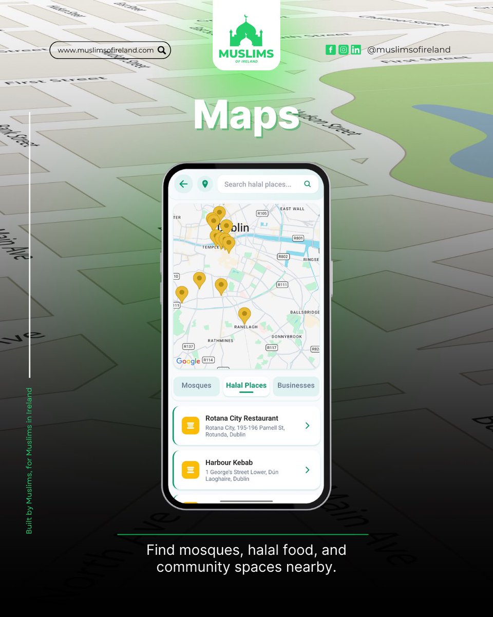 MuslimsofIRE's tweet photo. Looking for halal restaurants? A nearby masjid? Muslim-owned businesses?

Find:
• Mosques
• Halal food locations
• Muslim businesses
• Community services

Explore the Maps feature now on the Muslims of Ireland app.

#MuslimsOfIreland #MOIApp #IrishMuslims #HalalIreland https://t.co/8bGDrDt0qy
