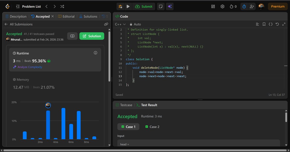 MrunalJagtap3's tweet photo. Day 37/100 Completed ✅ #100DaysOfCode
🔹 DSA : Solved linked list deletion problems
– Remove nodes from linked list
– Delete a node
– Delete nodes present in an array
– Remove linked list elements
Focused on pointer logic &amp; edge cases 🧠
#DSA #LinkedList #LeetCode #CodingJourney https://t.co/aZfmHdFzmb