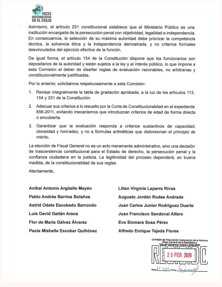 #EnElPaísDCA | El Colectivo Voces Guatemaltecas en el Exilio solicita a la Comisión de Postulación la revisión constitucional de la tabla de gradación aprobada para la evaluación de aspirantes al cargo de Fiscal General y Jefe del Ministerio Público.

"Consideramos que el diseño