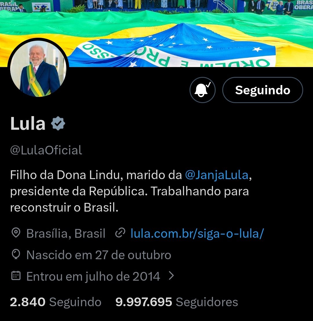 Não queria dizer nada mas o <a href="/LulaOficial/">Lula</a> tá a menos de 3 mil seguidores para bater a marca psicológica de 10 milhões de seguidores aqui no X.

Bora compartilhar para ele atingir esse número que ainda não é o mágico, será quando ele atingir 70 milhões de votos nas urnas. 😁🤙🏻