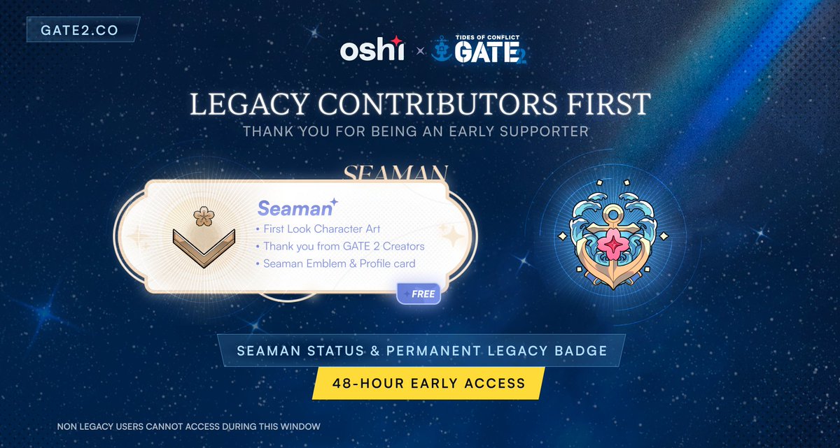 Legacy Early Access begins today at 7 PM PT!

You showed up before there was a trailer, a timeline, or a campaign page. Before most people even knew what Oshi was.

You're a Legacy Contributor. Here's what's yours:

✦ 48-hour head start to claim your rank and rewards before