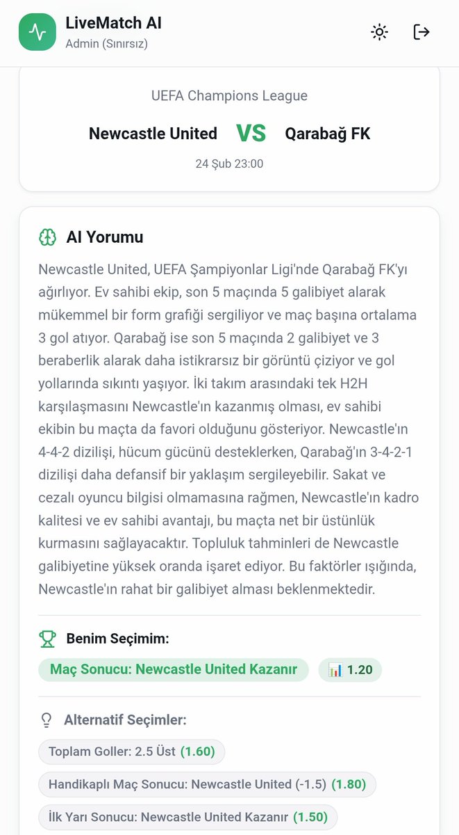 LiveMatchAI ile 2 maç. 
Bol şans. 🥳

Ai ile analizler artık daha hızlı ve daha net. ⚽

#şampiyonlarligi #galatasaray #fenerbahce #besiktas #bahis #kupon #iddaa #canlımac #newcastle #qarabag #inter #bodo