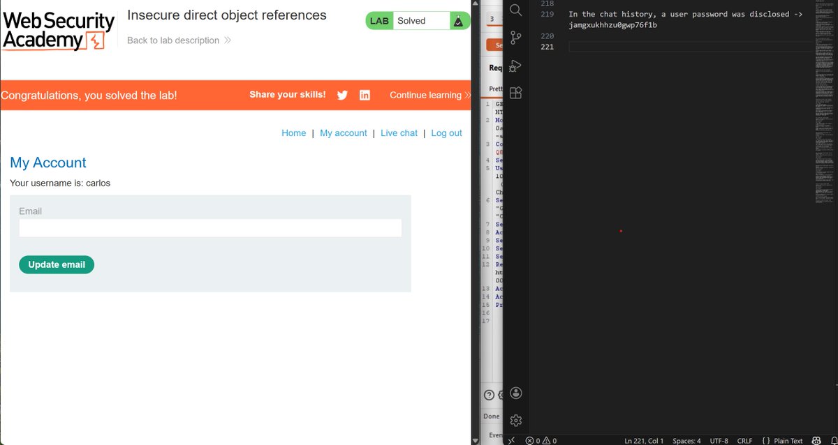Day 81 of #100DaysOfCybersecurity

I covered Insecure direct object references (IDOR), User ID controlled by request parameter with password disclosure and one more topic and labs and solved them all two steps at a time

<a href="/real_nuelOj/">Nuel</a> <a href="/ireteeh/">Dr Iretioluwa Akerele</a> <a href="/elormkdaniel/">Elorm Daniel</a> <a href="/TemitopeSobulo/">Temitope Sobulo🛡️</a>