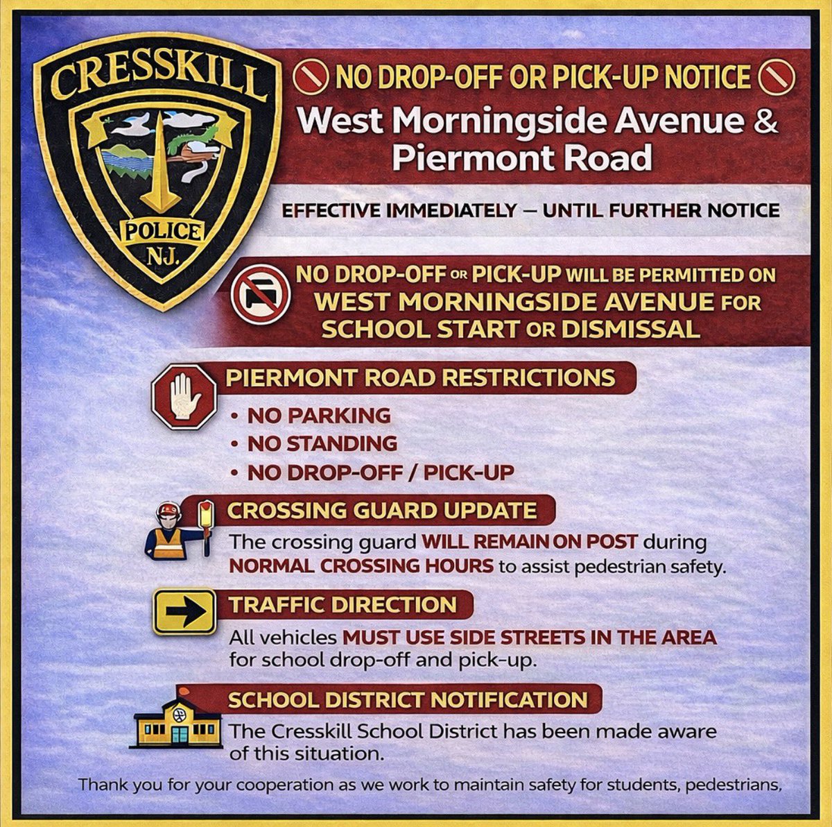 West Morningside Avenue will be closed to school drop-off and pick-up due to snow accumulations. #Cresskill #Cresskillnj