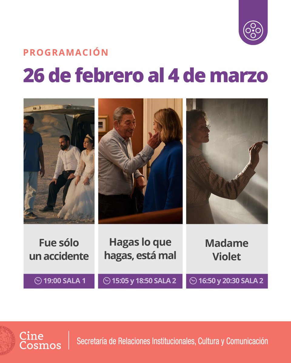 CosmosUBA's tweet photo. 🗓️ ¡Agendá la  #CarteleraCosmosUBA! – del 26 al 4 de marzo!

📍 Av. Corrientes 2046 
🎟️ Entradas en boletería el mismo día de la función
🎬 ¡Vení al #CosmosUBA! 

📲Mirá toda la info en https://t.co/ss3RqAOBtH https://t.co/QZGNj6YHYs
