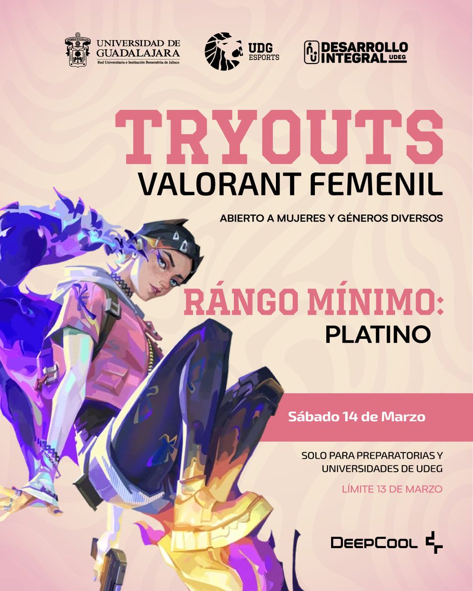 🌸 Abrimos convocatoria para nuestra escuadra femenil de Valorant 🦁

Buscamos jugadoras apasionadas para representar a la Universidad. Abierto a mujeres y géneros diversos, por que creemos que la inclusión y la visibilidad son un derecho.

⬇️ ¡Regístrate en el forms de abajo!