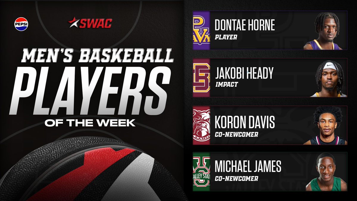 theswac's tweet photo. SWAC Men's Basketball Players of the Week: Feb. 24

@pepsi

🐈‍⬛ Dontae Horne, Player
🐱 Jakobi Heady, Impact
🐶 Koron Davis, Co-Newcomer
😈 Michael James, Co-Newcomer

#SWACMBB | #BuildingChampionsForLife https://t.co/pBb4KrAN8U