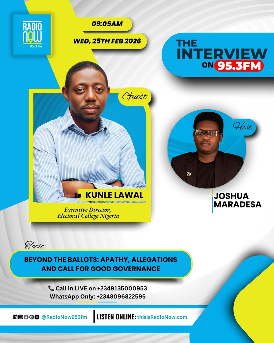 RadioNow953FM's tweet image. This Wednesday on The Interview with Joshua Maradesa

Topic: Beyond the Ballots: Apathy, Allegations and the Call for Good Governance

Guest: Kunle Lawal

Join the conversation on the station that takes you beyond the news.

#GoodGovernance #democracy #civicengagement