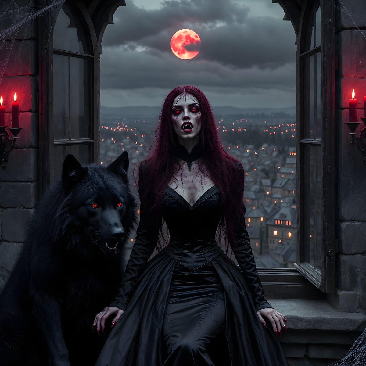 Four weeks without hunting in my village...🩸 I'M STARVING🩸on this ridiculous diet of forest animals.
Weak, pale, teeth bared – what unbearable boredom. Shadow🐺, go find another deer to give me strength.
We'll hunt in a more distant village, the spider🕷️will come along. I need