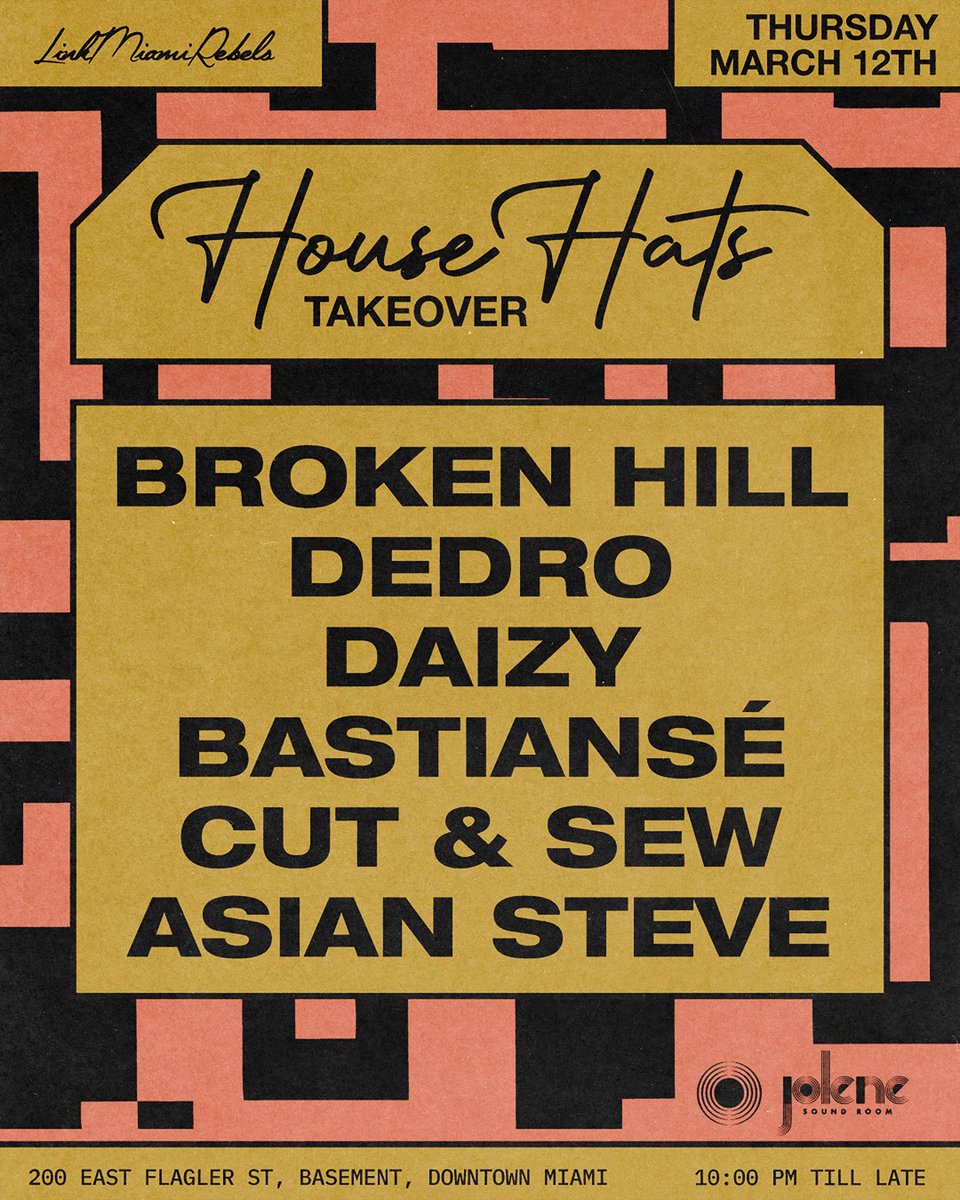 Debuting at the one and only Jolene Sound Room March 12th. Huge shoutout to the House Hats team. Direct support for my brother Broken Hill. HERE WE GO!