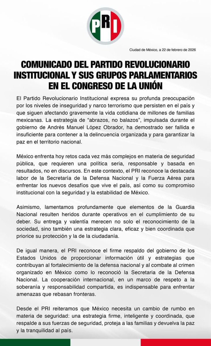 🚨 México necesita un cambio urgente en seguridad.
La estrategia de “abrazos, no balazos” fracasó.
Respaldamos a nuestras Fuerzas Armadas y exigimos una estrategia firme, inteligente y coordinada que devuelva la paz a las familias.
#Seguridad #PRI <a href="/alitomorenoc/">Alejandro Moreno</a> <a href="/PRI_Nacional/">PRI</a>