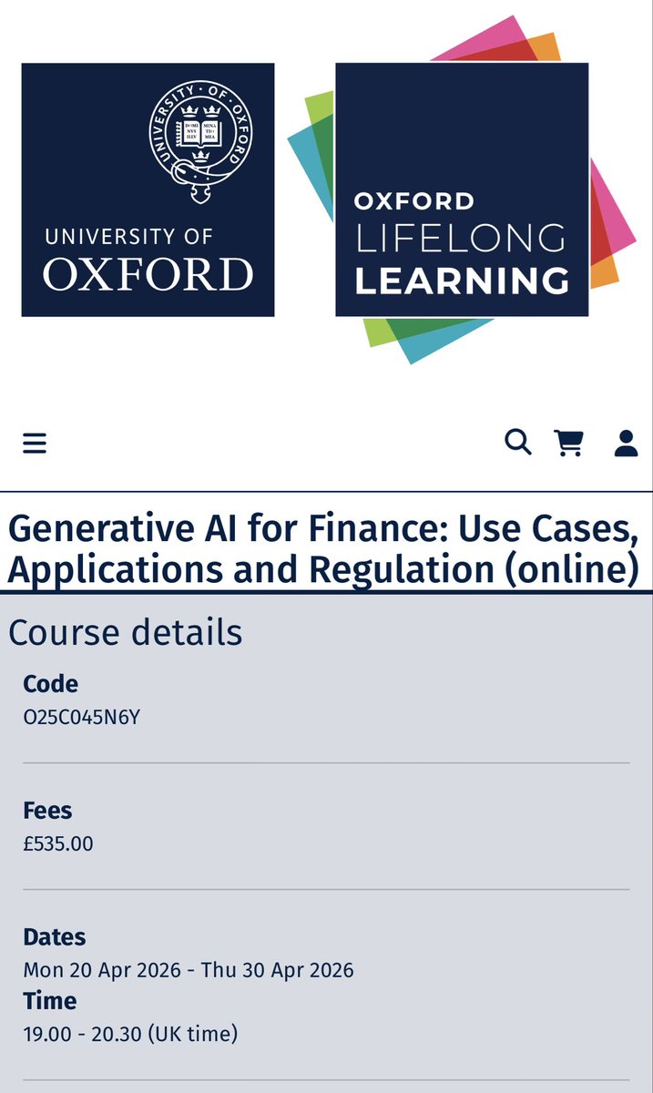 Yay 🤩🤩🤩 Es gibt nun wegen hoher Nachfrage einen extra Kurs „Generative AI for Finance“ an der University of Oxford im April! lifelong-learning.ox.ac.uk/courses/genera…