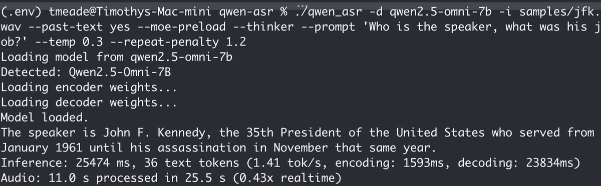 tmztmobile's tweet photo. Added thinker and omni support to @antirez's qwen_asr with @claudeai's help.
Working on turning this in a speech-to-speech thinker model for #PersonalOS.
https://t.co/4SZwvlBANP https://t.co/pe9pBkIHmQ