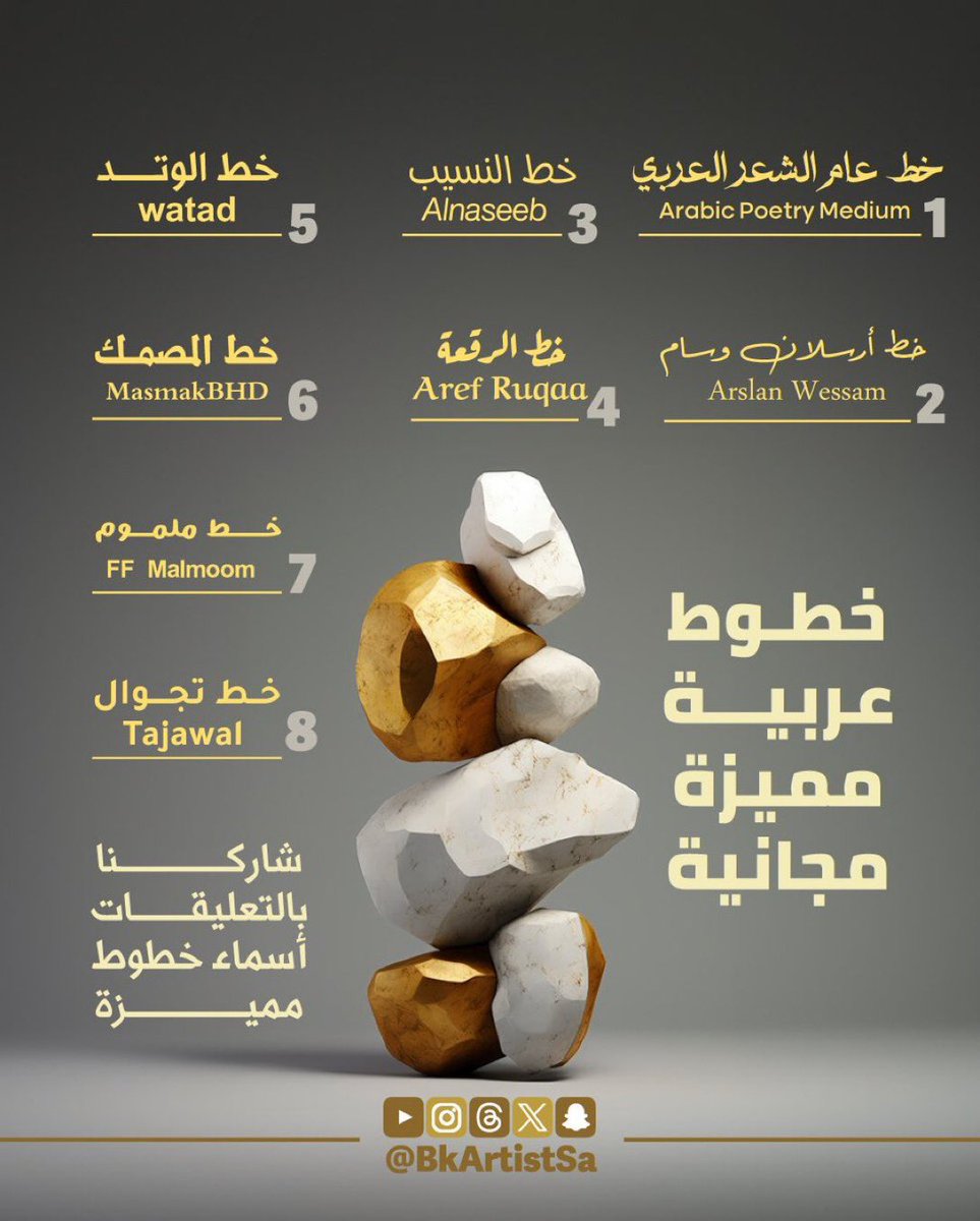 من الخطوط الجميلة والتي استخدمها بالتصميم
هذه الخطوط الثمانية 

خط الشعر
خط المصمك
خط وتد
خط نسيب
لتحميل الخطوط الأربعه من هنا
engage.moc.gov.sa/fonts

خط عارف الرقعة
خط ملموم
خط أرسلان
خط تجوال

يمكنك تحميلها من هنا 
arbfonts.com