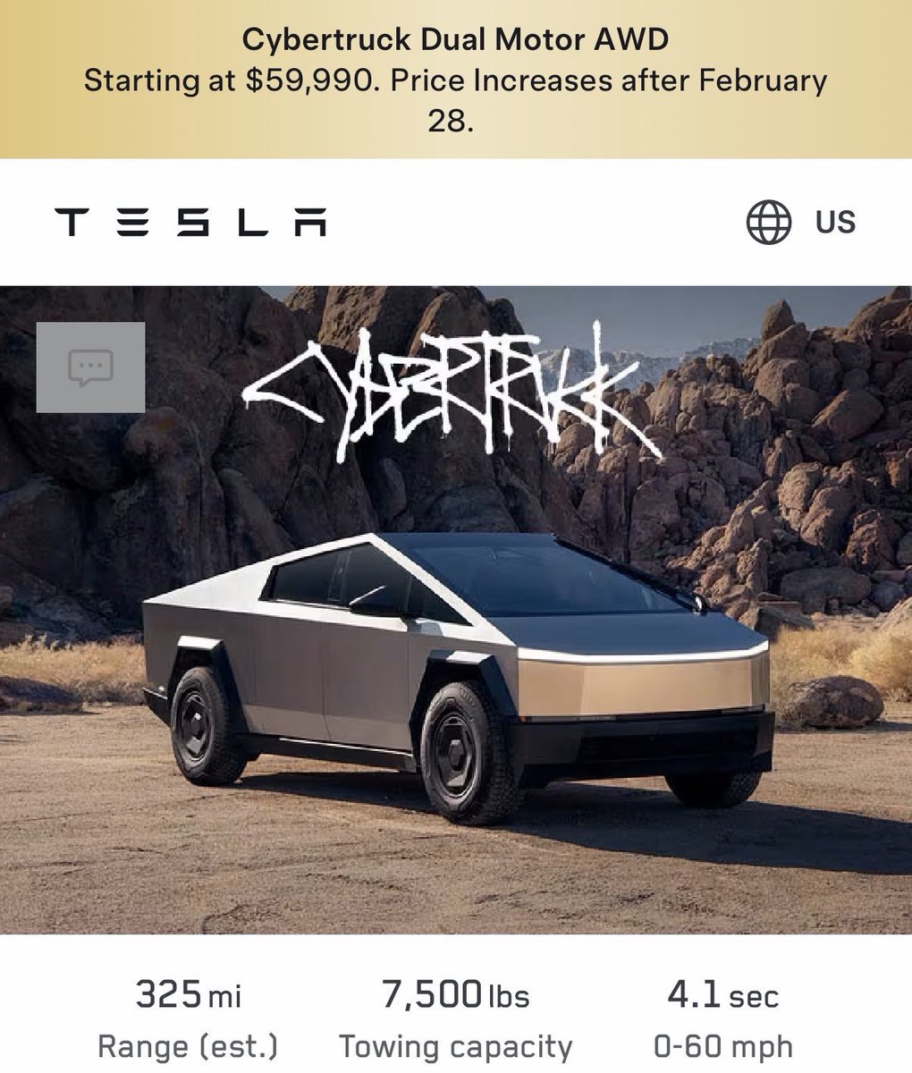 TeslaNewswire's tweet photo. 🔥📐 Tesla will officially increase the Cybertruck Dual Motor AWD price after February 28.

The information now appears on the website.

At the $59,990 price point, the version appears to have strong demand, with the delivery window now pushed to September–October 2026. https://t.co/7RxanCFuf0