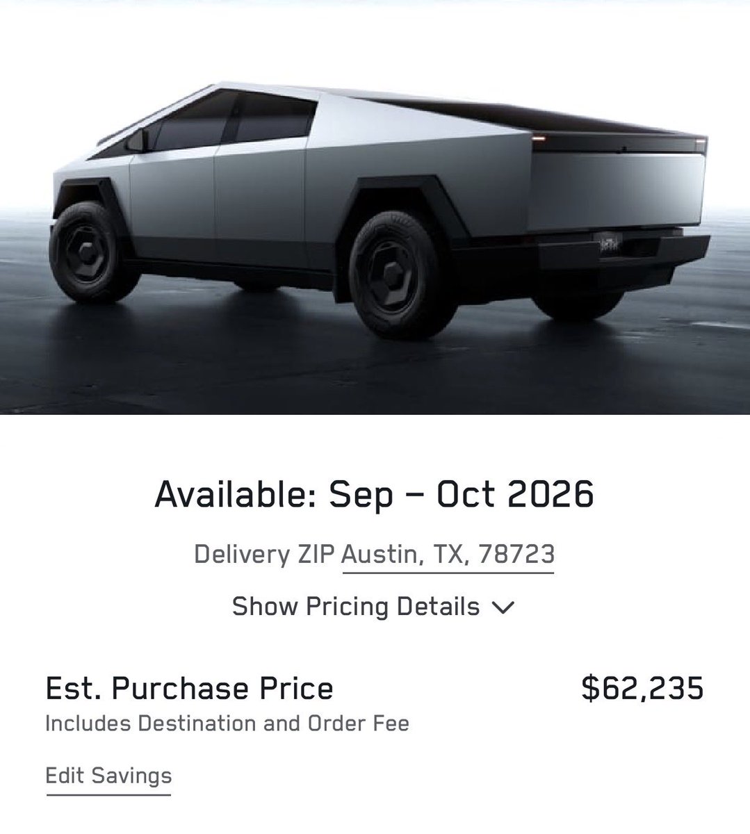 TeslaNewswire's tweet photo. 🔥📐 Tesla will officially increase the Cybertruck Dual Motor AWD price after February 28.

The information now appears on the website.

At the $59,990 price point, the version appears to have strong demand, with the delivery window now pushed to September–October 2026. https://t.co/7RxanCFuf0