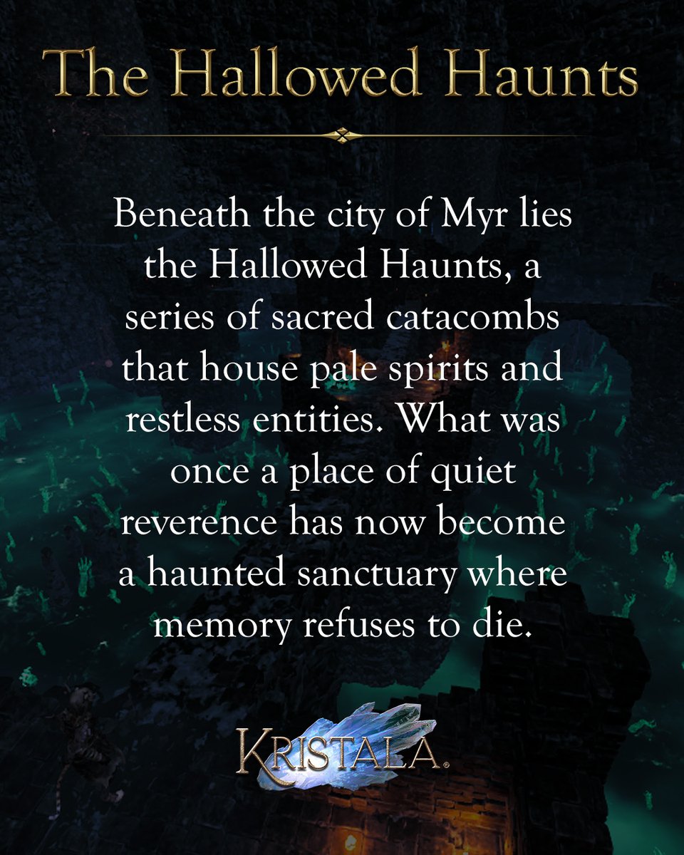 ACS_Games's tweet image. Originally sacred grounds where Myr laid to rest those claimed by Edam's war, the Hallowed Haunts are no longer the safe haven they once were. Now, a sudden mass resurrection invites the restless to roam freely. Travelers beware...

#kristala #darkfantasy #lore #arpg #rpg