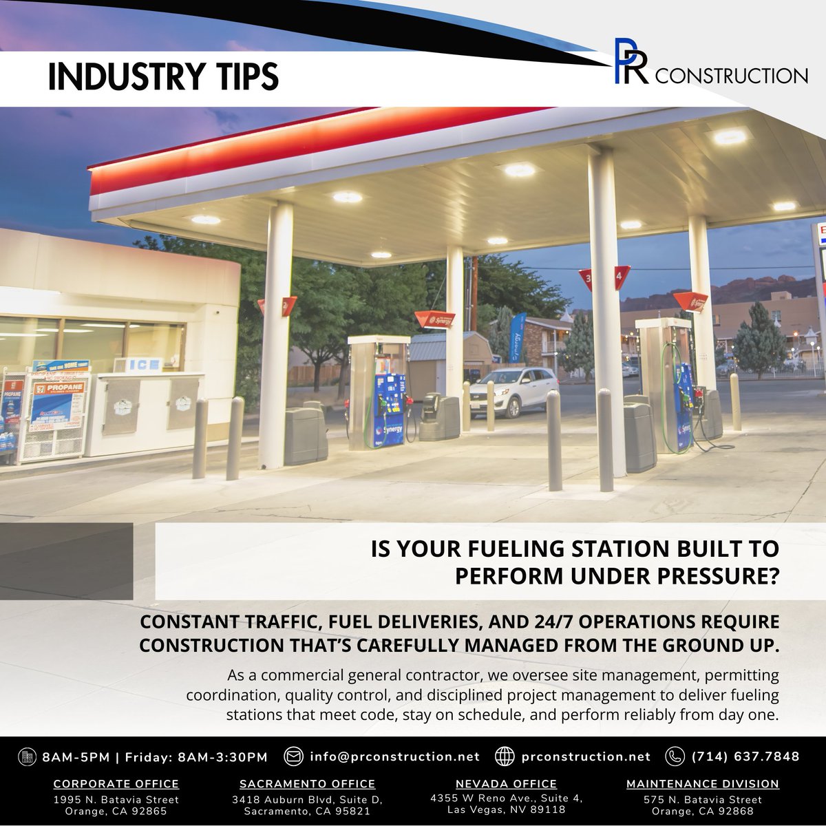 PRConstructionI's tweet photo. Fueling stations require disciplined execution from permitting through closeout. We deliver code-compliant facilities built to stay on schedule and perform under nonstop daily traffic.

#CaliforniaBuilders #ArizonaContractors #NevadaConstruction #WAContractor #IDContractors https://t.co/0uyix3LCzX