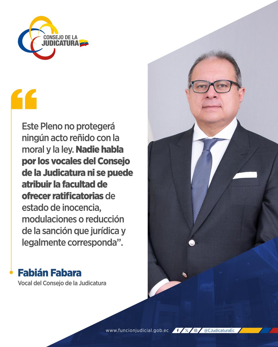 🏛️ | #ElPlenoActúa

“Nadie se puede atribuir la facultad de ofrecer ratificatorias”, señaló el vocal <a href="/FabianFabara/">Fabián Fabara Gallardo</a>, en referencia a un proceso disciplinario analizado durante la sesión ordinaria Nro. 020-2026.

Asimismo, subrayó que las decisiones del Pleno se adoptan con