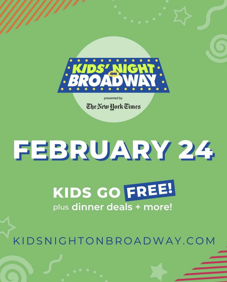 TimesSquareNYC's tweet image. Kids’ Night on Broadway is officially back! 💚 Kids ages 18 and under can attend any participating Broadway show for free when accompanied by a full-paying adult. 

Check out @BroadwayLeague for more info and tickets online 🎟️🎭

#TimesSquare #Broadway #KidsNightOnBroadway