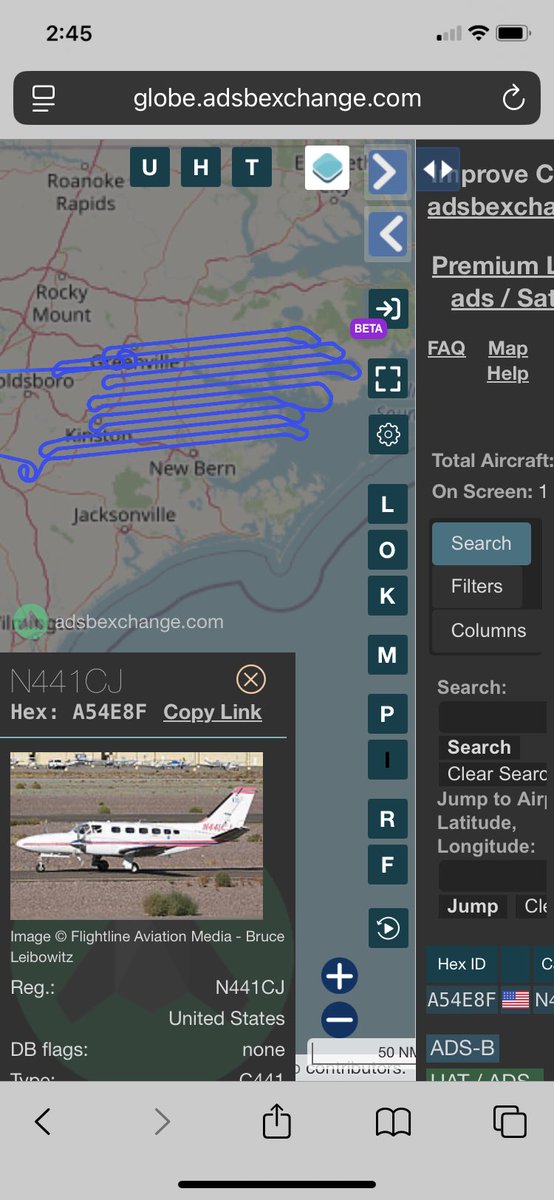 NCAirspace's tweet photo. Cessna 441 (N441CJ) has been surveying at 27,500 feet  north of New Bern, NC all morning!

https://t.co/eyJXRUCUXw https://t.co/yUFmbdAHKO
