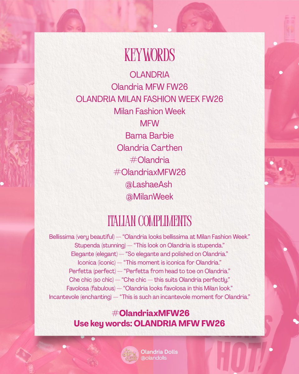 We’re gearing up for Olandria’s Milan Fashion Week FW26 Debut 🤗

Reply to this post with how excited you are for this! 

Goal: 150 Replies &amp; 100 Reposts

Reply | Quote | RT using Keywords &amp; Hashtags :

OLANDRIA MFW FW26
#OlandriaxMFW26 #MFW