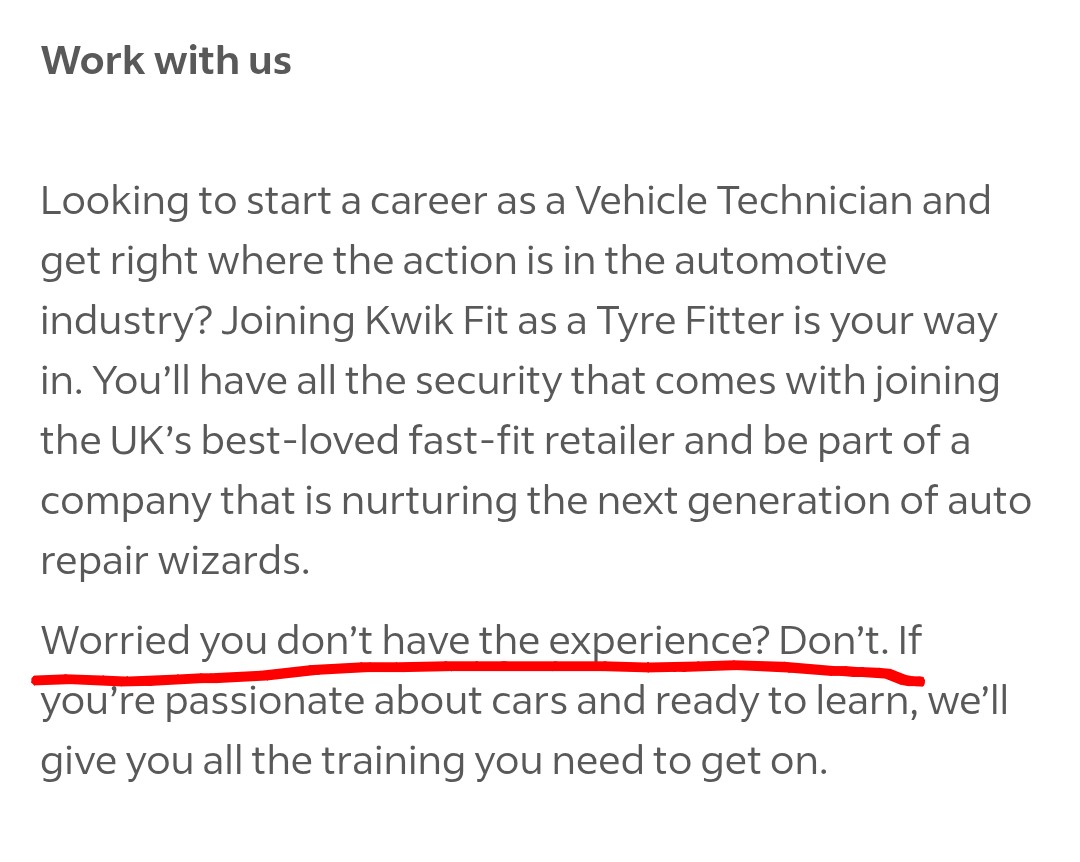LordGord84's tweet photo. I'll be honest I'm getting mixed messages from @KwikFit_Careers. They say no experience required but then you can't progress with the application unless you have experience! 🤔 https://t.co/TvxGHZPBn6
