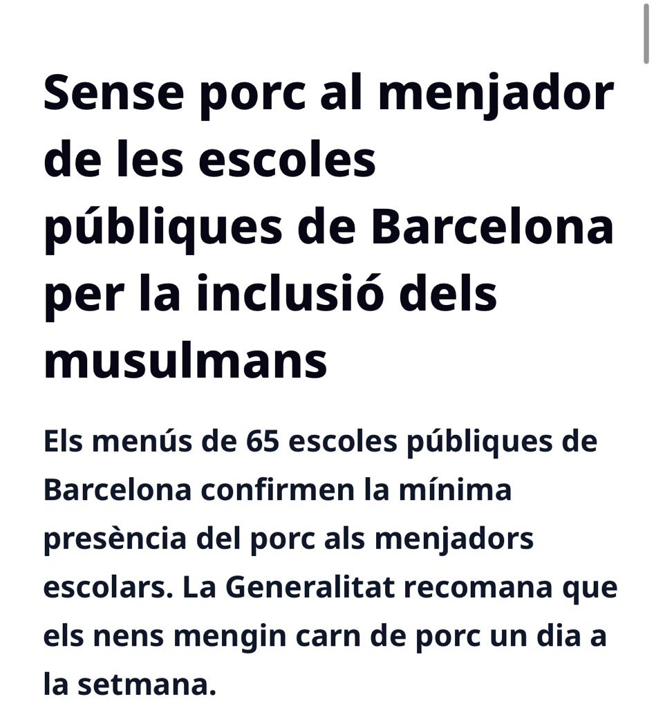 Barcelona_ACat's tweet photo. Mentre la indústria porcina catalana s’enfonsa, l’Ajuntament de #Barcelona elimina la carn de porc dels menús escolars de la ciutat en favor dels nouvinguts i de l’Islam! 
Deixar morir de gana els catalans per quedar bé amb els de fora!  

#SalvemBarcelona amb @CatalunyaAC https://t.co/xjI96zElNG