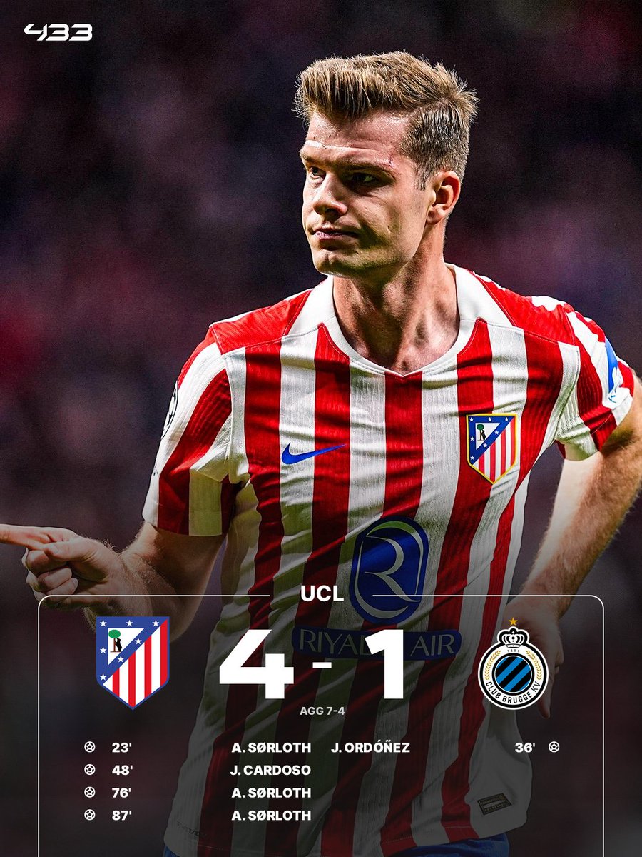 𝐇𝐀𝐓-𝐓𝐑𝐈𝐂𝐊 𝐇𝐄𝐑𝐎 𝐒Ø𝐑𝐋𝐎𝐓𝐇 🤯

Atlético knock out Brugge to reach the last 16 of the Champions League ✅

Sørloth is the first Atlético player 𝐄𝐕𝐄𝐑 to score a hat-trick in a UCL knockout match 😲

Diego Simeone's side in their last 20 UCL knockout home games:
✅