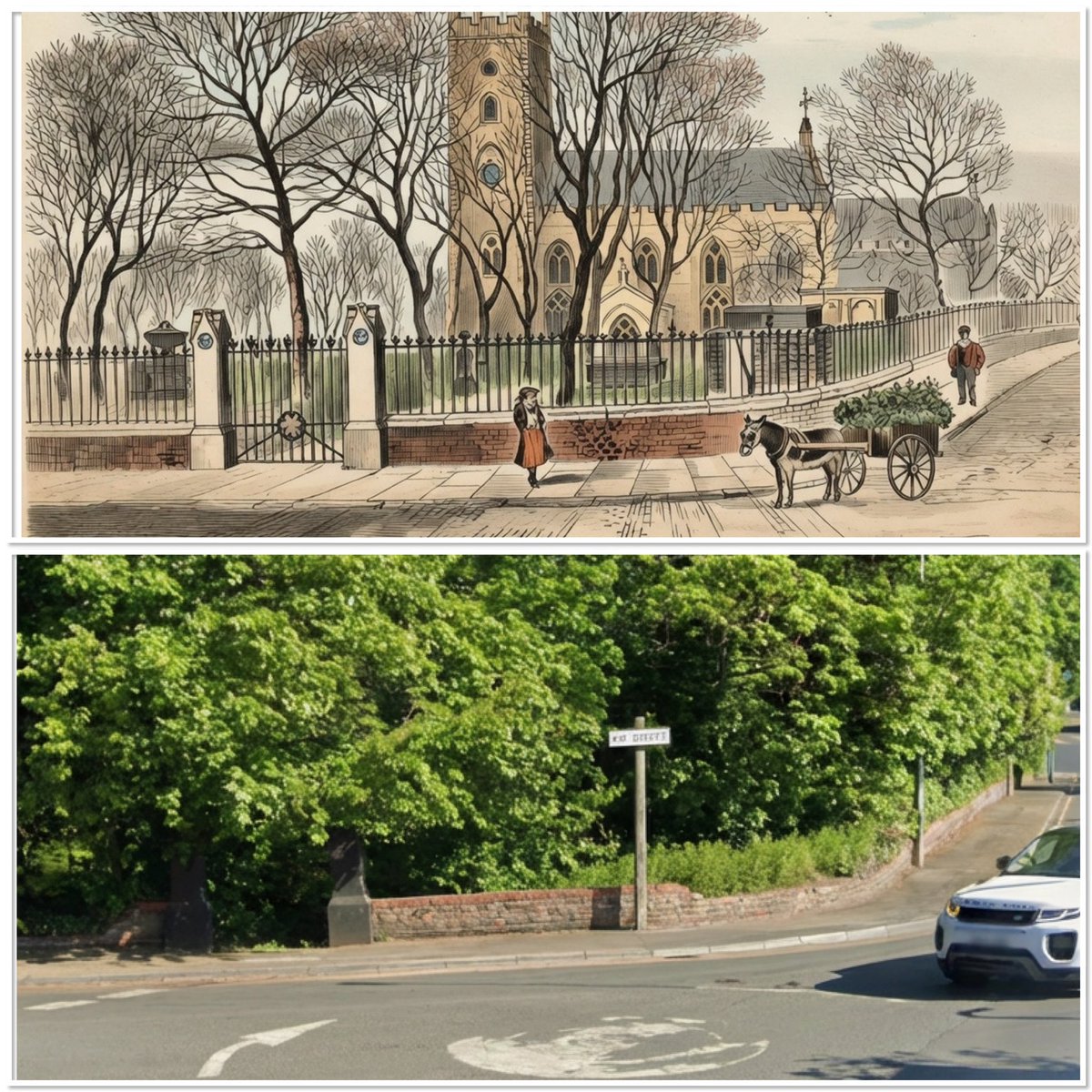 Above Air Street/Wincolmlee corner. Entrance to Air Street Cemetery circa 1800, below the same spot today. The original St. Mary’s Sculcoates church can be clearly seen.