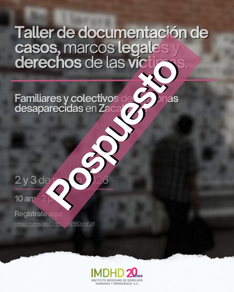 ⚠️ Por motivos de prevención en materia de seguridad, el Taller de documentación de casos, marcos legales y derechos de las víctimas en #Zacatecas será pospuesto.

Agradecemos la comprensión de las familias y colectivos. 🙏
Próximamente estaremos compartiendo la nueva fecha y más