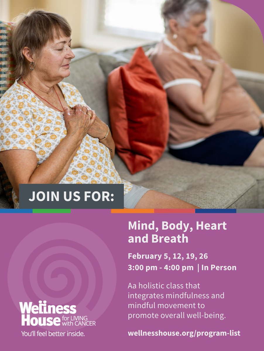 WellnessHouse's tweet image. Reconnect with a holistic mindfulness and movement class at Wellness House to support overall well-being.
Thurs., Feb 5, 12, 19, 26 | 3:00–4:00 pm | In person at Wellness House
#WellnessHouse #MindfulMovement #Breathwork #FreeCancerSupport #StressManagement