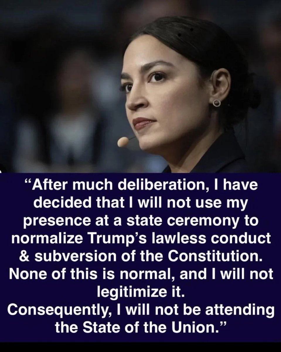 YourAnonNews's tweet photo. Any senator or congress person attending the "State of the Union" is complicit in Trump's crimes and circumvention of the Constitution and should be dealt with as a threat to civilization as a whole. Good for AOC. https://t.co/8NYBZJK06C
