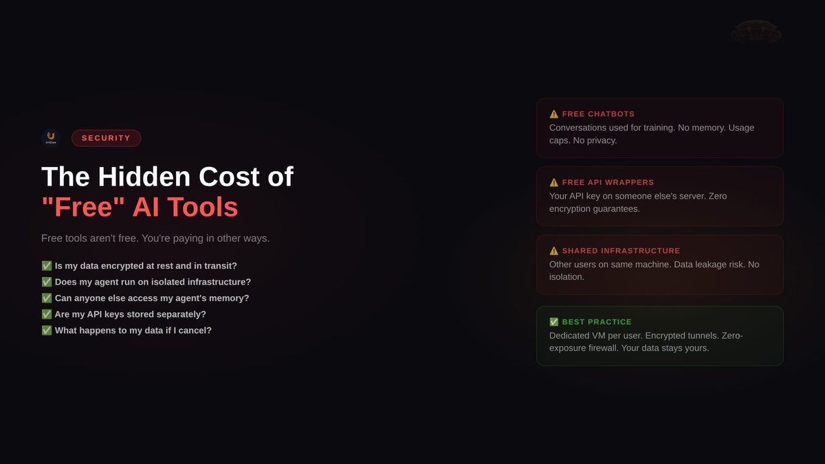 Here's what most people miss: the moment you give an AI access to your email, your calendar, your finances, or your business data, security becomes the only thing that matters.

Free AI tools aren't free. You're paying in other ways.  

With ChatGPT free tier: Your conversations