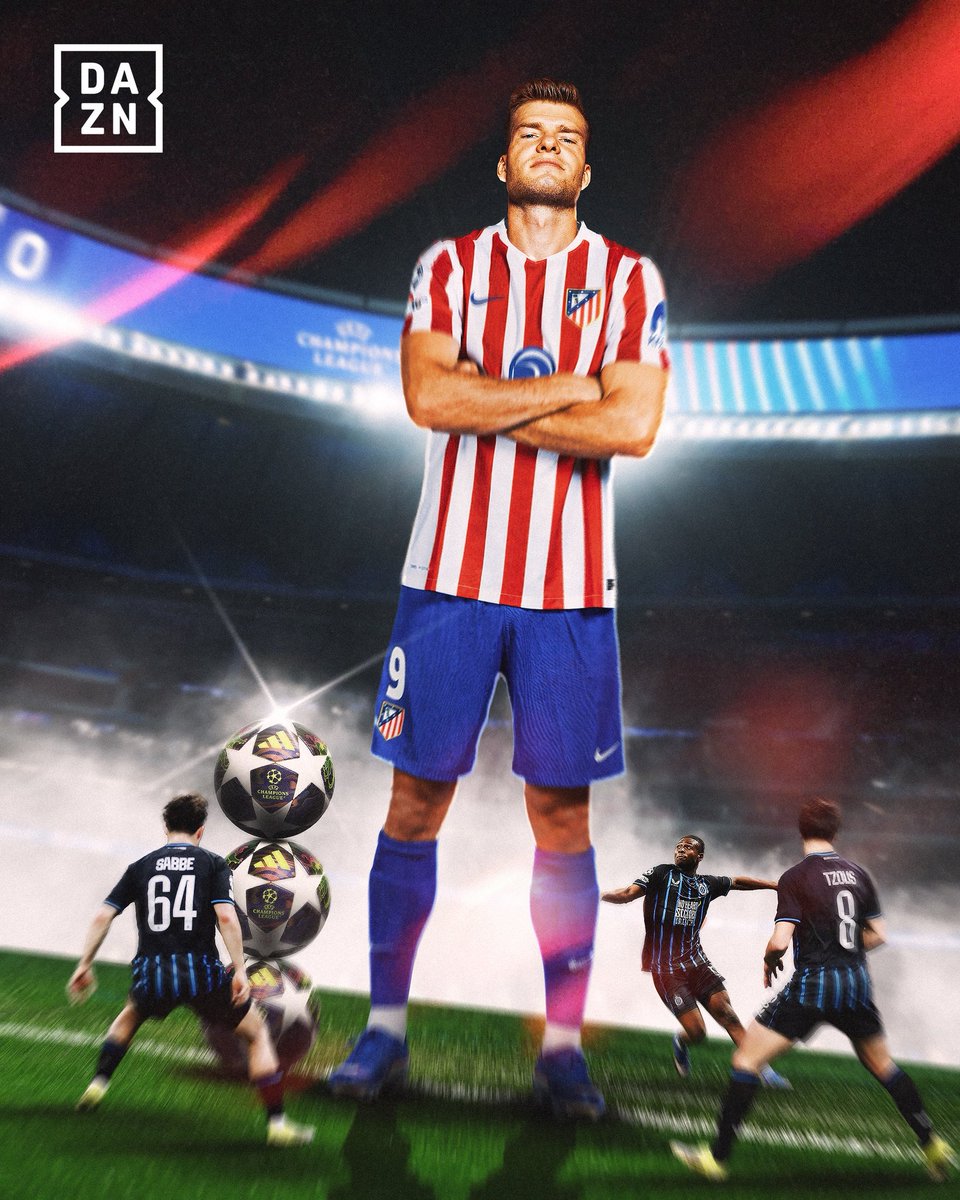 DAZNFootball's tweet image. With a #UCL hat-trick against Club Brugge, it was a thoroughly deserved Player of the Match performance from Atlético Madrid’s Alexander Sørloth 👏