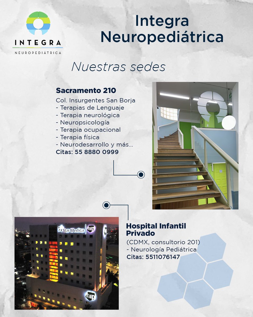 IntegraNeuroped's tweet photo. 📍 Hospital Infantil Privado (La Nápoles,CDMX)
📞 55 1107 6147
📍 Sacramento 210, Col. San José Insurgentes,CDMX 
Terapia de lenguaje, neuropsicología, neurodesarrollo, terapia ocupacional, terapia física y más…
📞 55 8880 0999
#IntegraNeuropediátrica
#NeurodesarrolloInfantil https://t.co/ryofuYbEYt