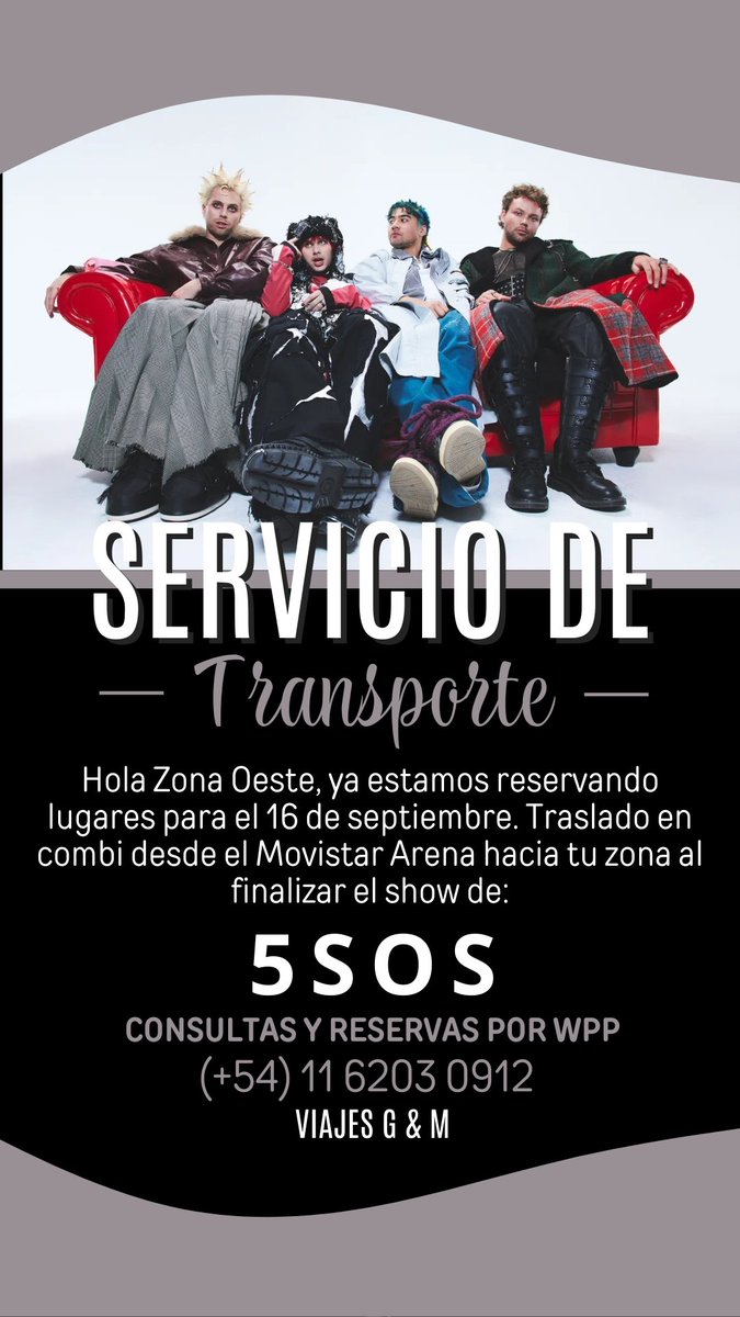 🎶 ZONA OESTE → 5SOS 🎶
¿Ya tenés tu entrada pero no sabés cómo volver? Organizamos traslado de regreso a Zona Oeste al finalizar el show. 🚌
Reservá tu lugar👇