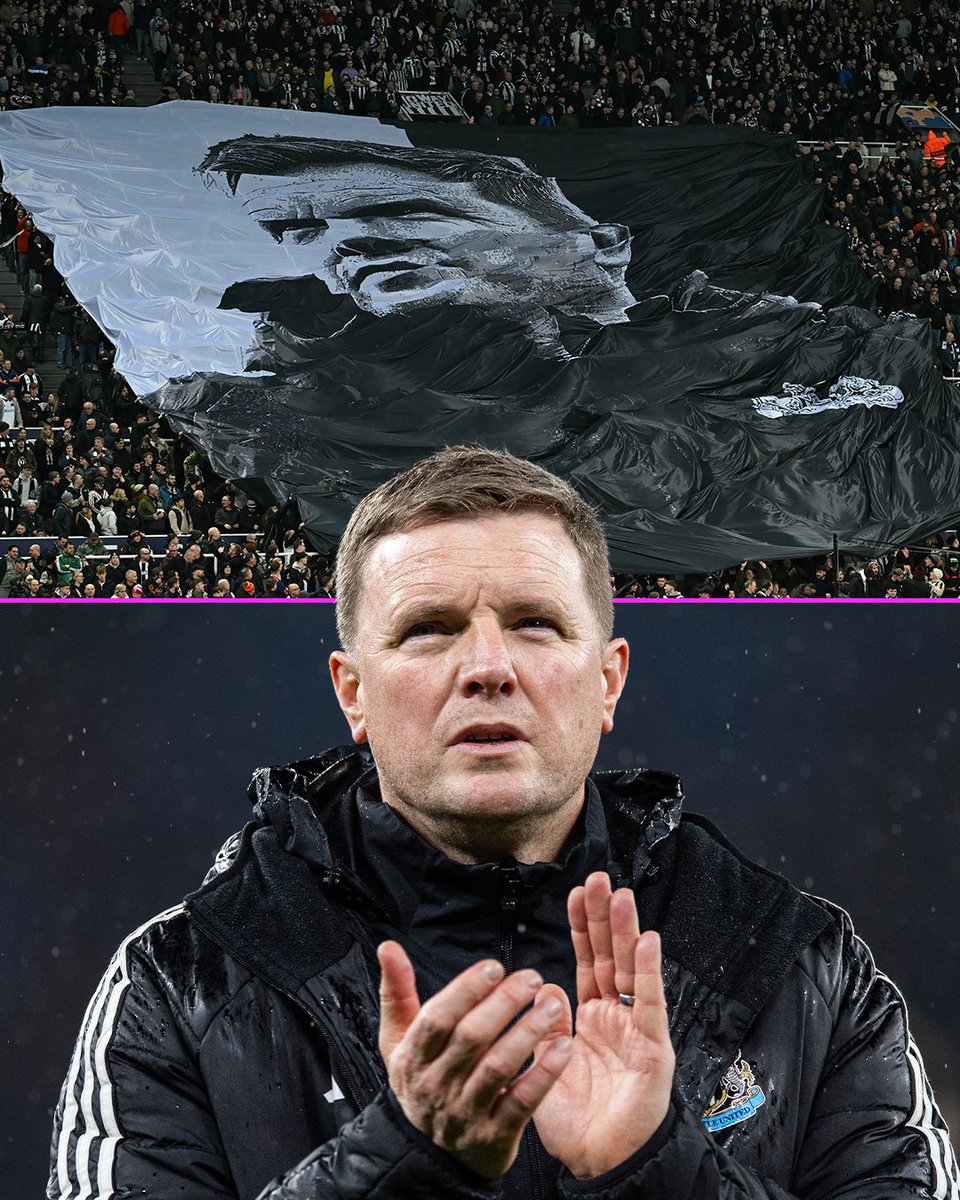 Newcastle fans unveiled a Tifo of Eddie Howe at St. James’ Park tonight, ahead of their Champions League playoff second leg 🤩✨
