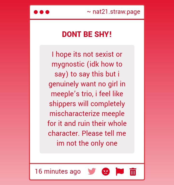 I have no idea how to feel about this, how would a female brawler ruin meeple's trio?