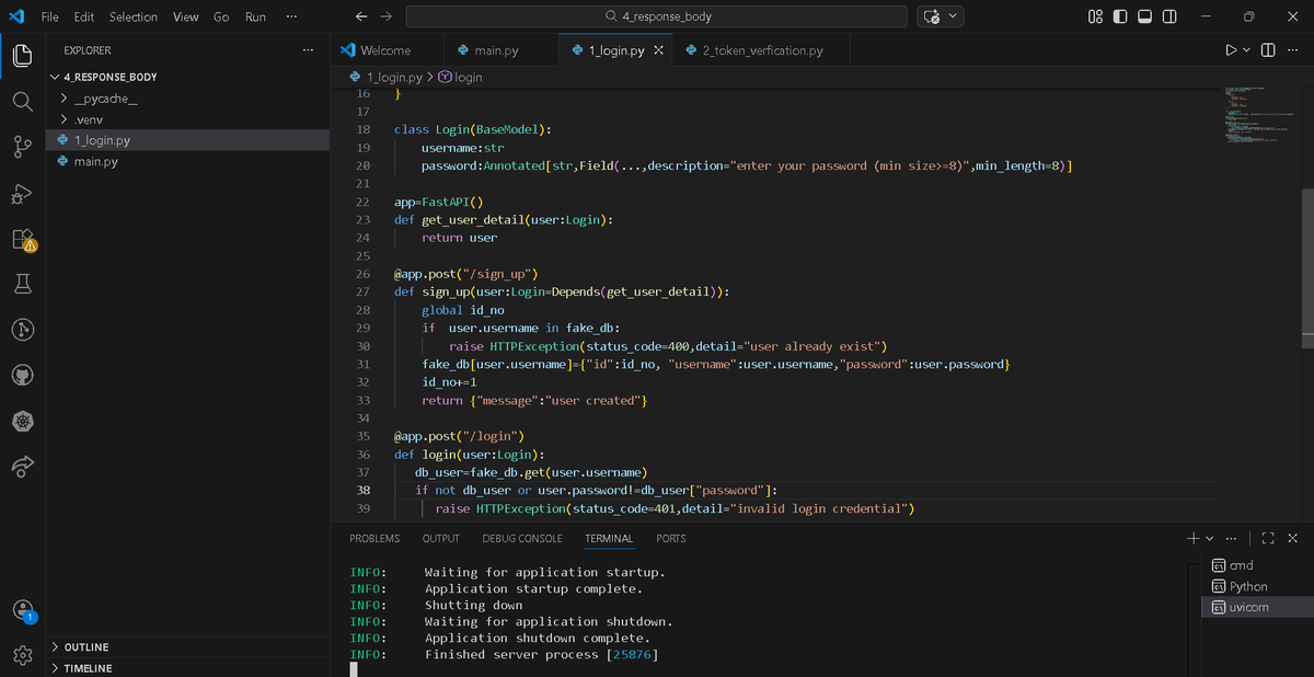 diwa810's tweet photo. Day 24 of #genAI+#Backend
Built basic auth flow in FastAPI today:

• /sign_up
• /login
• Pydantic validation
• Password constraints
• Proper 401/400 handling
Next step → password hashing + token generation.
#Python #Backend #APIs #python #coding #Authantication https://t.co/oUWeH43Mba