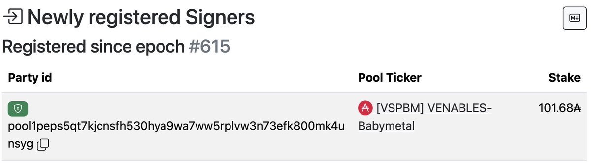 HephyPool's tweet photo. A new pool, literally registered on 21-Feb-2026 and with just ₳101.68 stake is already a registered Mithril Signer.

At this point, if your SPO isn't, it's probably time to start asking why not.

Hats off to this SPO 👏🏻 🫡 

#Cardano #Mithril #CardanoCommunity https://t.co/kGXSOM0oup