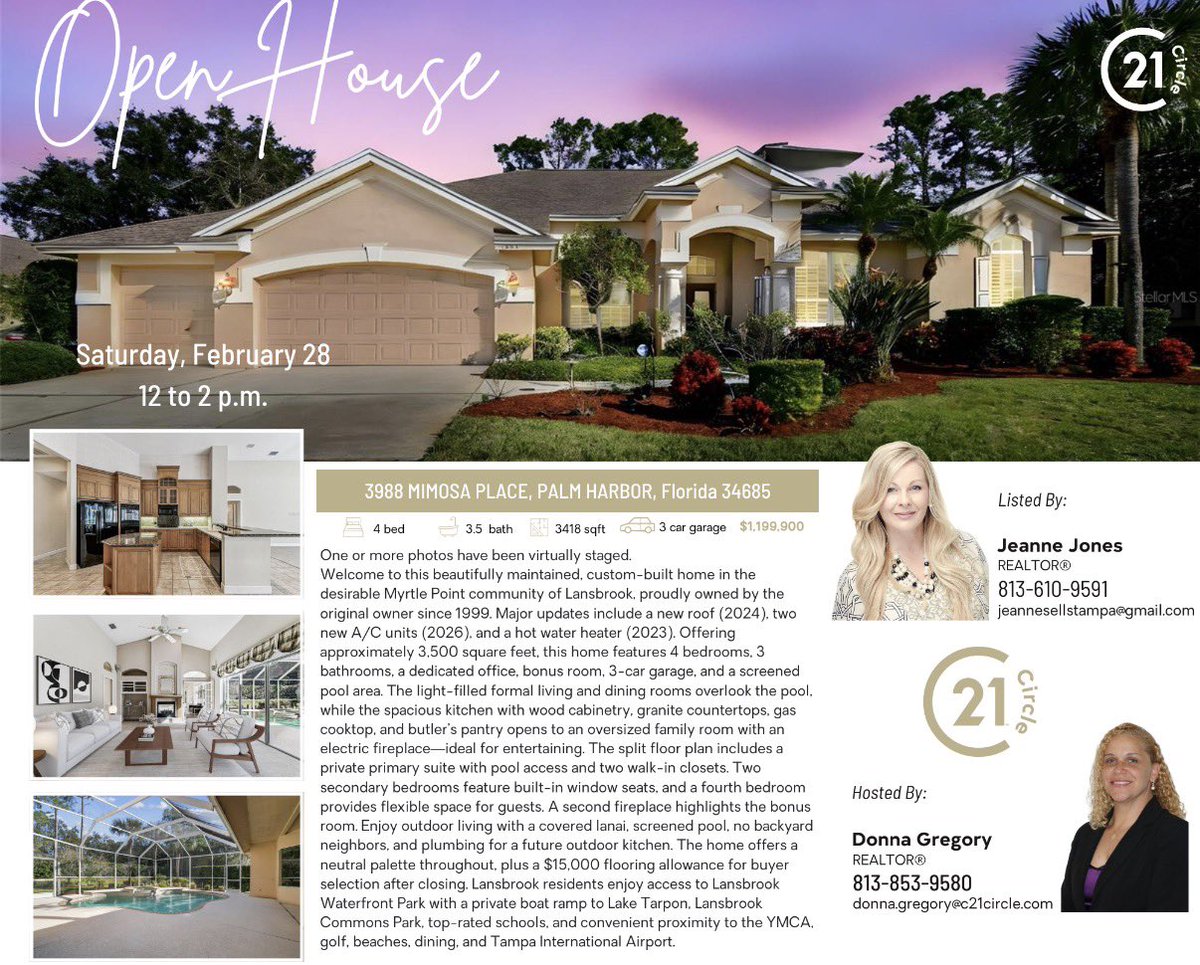 donnasellsfl's tweet photo. Open House this Saturday!!! 

Join me this Saturday February 28th from 12-2. This beautiful home is located in Myrtle Point community of Lansbrook!! 

3988 Mimosa Place 
Palm Harbor, FL 34685 https://t.co/CR2IGL1wxC