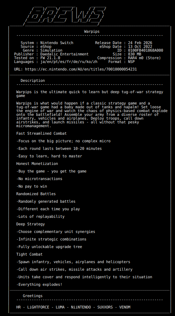New Release by BREWS!

Warpips_NSW-BREWS [0100FB401868A000][85AC367C]
Size: 830.64 MiB

View on Tinfoil: tinfoil.io/Title/0100FB40…
View on eShop: ec.nintendo.com/apps/0100FB401…