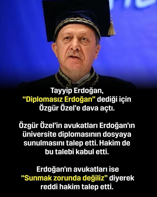 CHP Lideri Özgür Özel, kendisine açılan "diplomasız Erdoğan" davasında mahkemenin diploma örneğini istediğini açıkladı.
"Sunmak zorunda değiliz." Olsa varya altın çerçevede sunarsınız...😏
#YönetemiyorsunistifaEt
