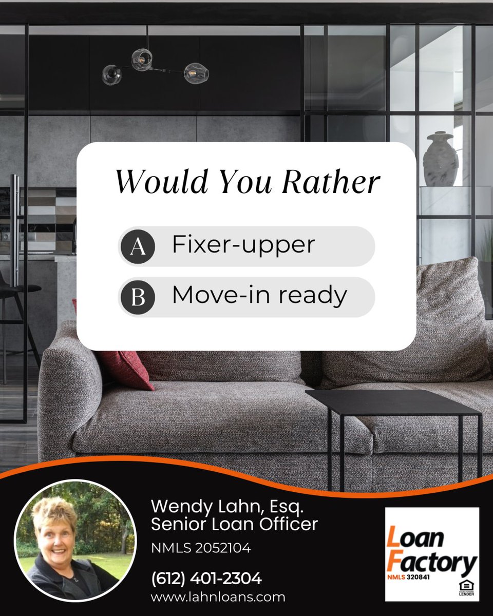 wendylahn's tweet photo. House hunting? Would you rather a fixer-upper to make your own or a move-in ready home? 🏠 Think long-term comfort and cost. Share your choice! 🛠️🔑

#wouldyourather #fixerupper #moveinready #mortgage #loan #borrower #dream home #fha #va #conventional #USDA #HECM #reverse #ARM https://t.co/sbjgVMUyAx