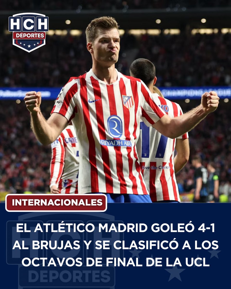 #HCHDeportes| Atlético de Madrid venció 4-1 a Brujas como local y selló su clasificación a octavos de final de la Champions League. Alexander Sorloth -3- y Johnny Cardoso, los goleadores del conjunto que dirige Diego Simeone. hch.tv/el-atletico-ma…
