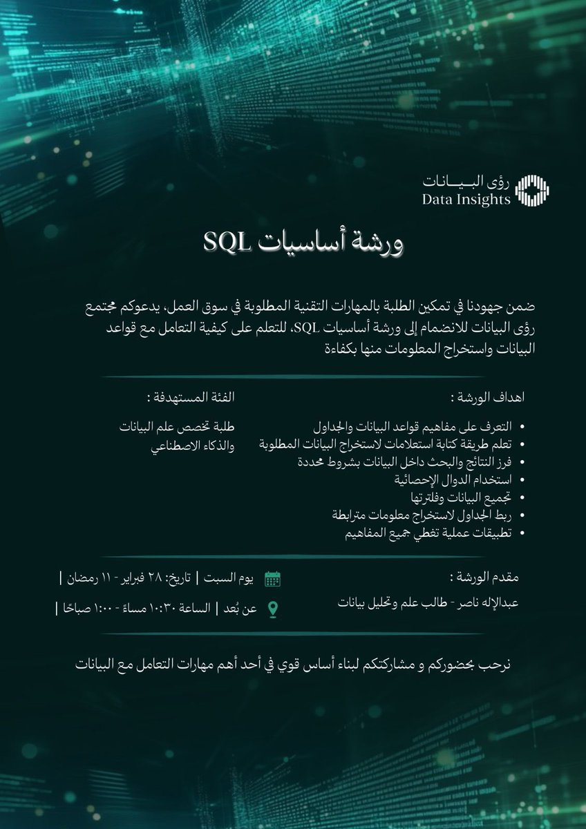 Abdulelah_Nas's tweet photo. تنورونا بالورشه متحمس اشوف الجميع 
ان شاء الله تكون ورشه مفيده وافيد الكل 🔥
رابط التسجيل : https://t.co/WGizcwh9tE

#رؤى_البيانات https://t.co/W0Jo3X9exs