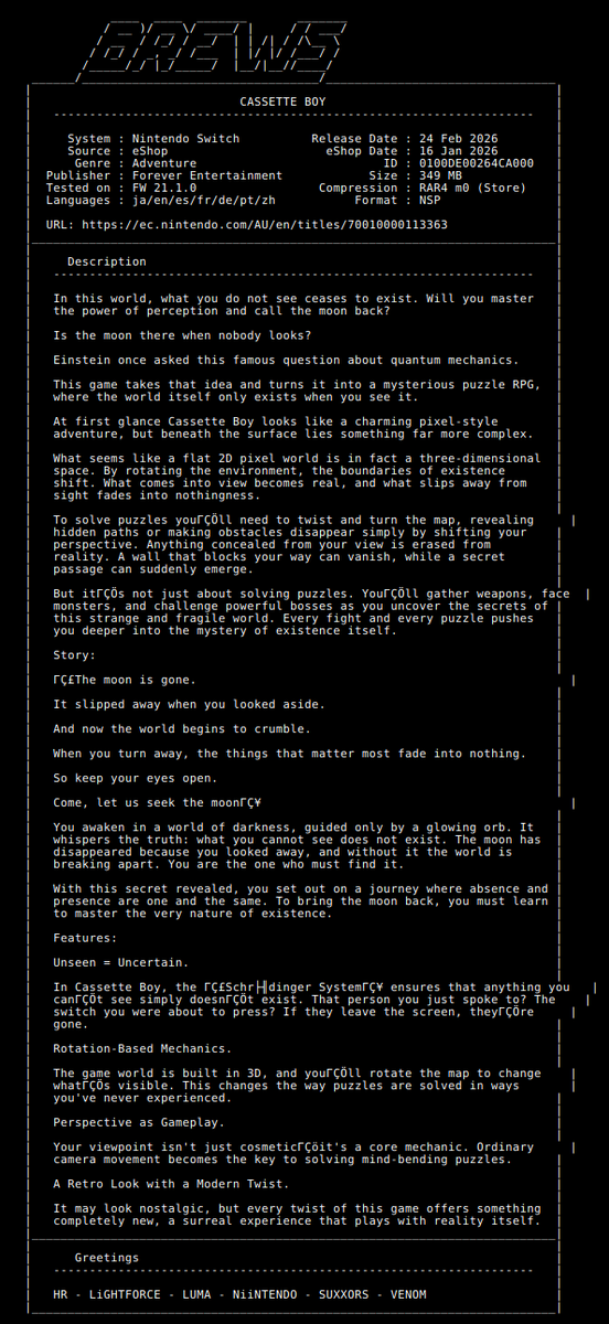 New Release by BREWS!

CASSETTE_BOY_NSW-BREWS [0100DE00264CA000][689EABB5]
Size: 349.08 MiB

View on Tinfoil: tinfoil.io/Title/0100DE00…
View on eShop: ec.nintendo.com/apps/0100DE002…