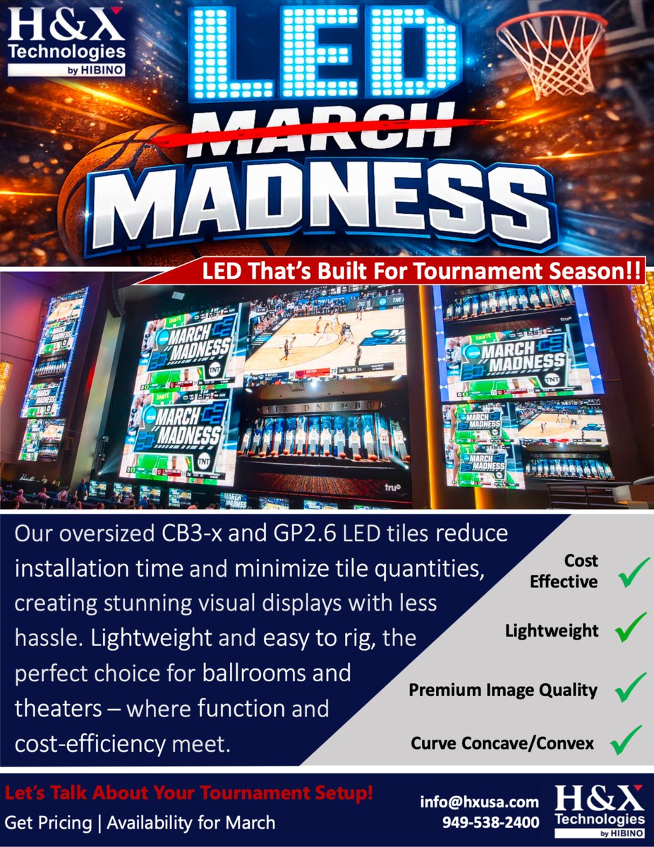 hxtech's tweet photo. March is game time. 🏀 Our CB3-X and GP2.6 LED tiles are engineered for tournament season 

 📩 info@hxusa.com | 📞 949-538-2400  

#HXUSA #HibinoGroup #HXTechnologies #EventTechnology #LiveEventProduction #LEDDisplays #AVSolutions #SportsProduction https://t.co/g74nOCbpav