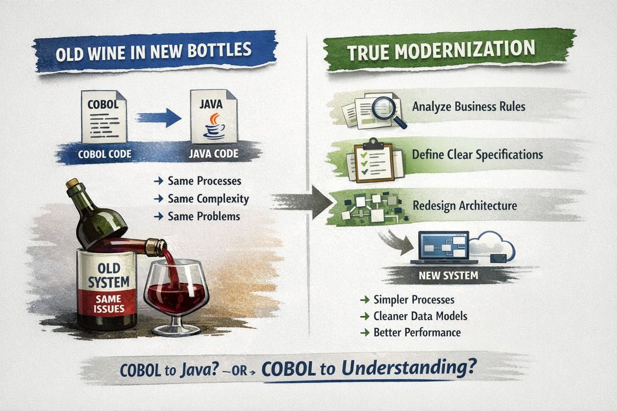Everyone is excited about AI modernizing COBOL to Java.

But let’s be honest:
This is not modernization.

It is translation.

Tools from companies like Anthropic can convert COBOL into Java. That sounds impressive. But what do we really get?

The same system
The same processes